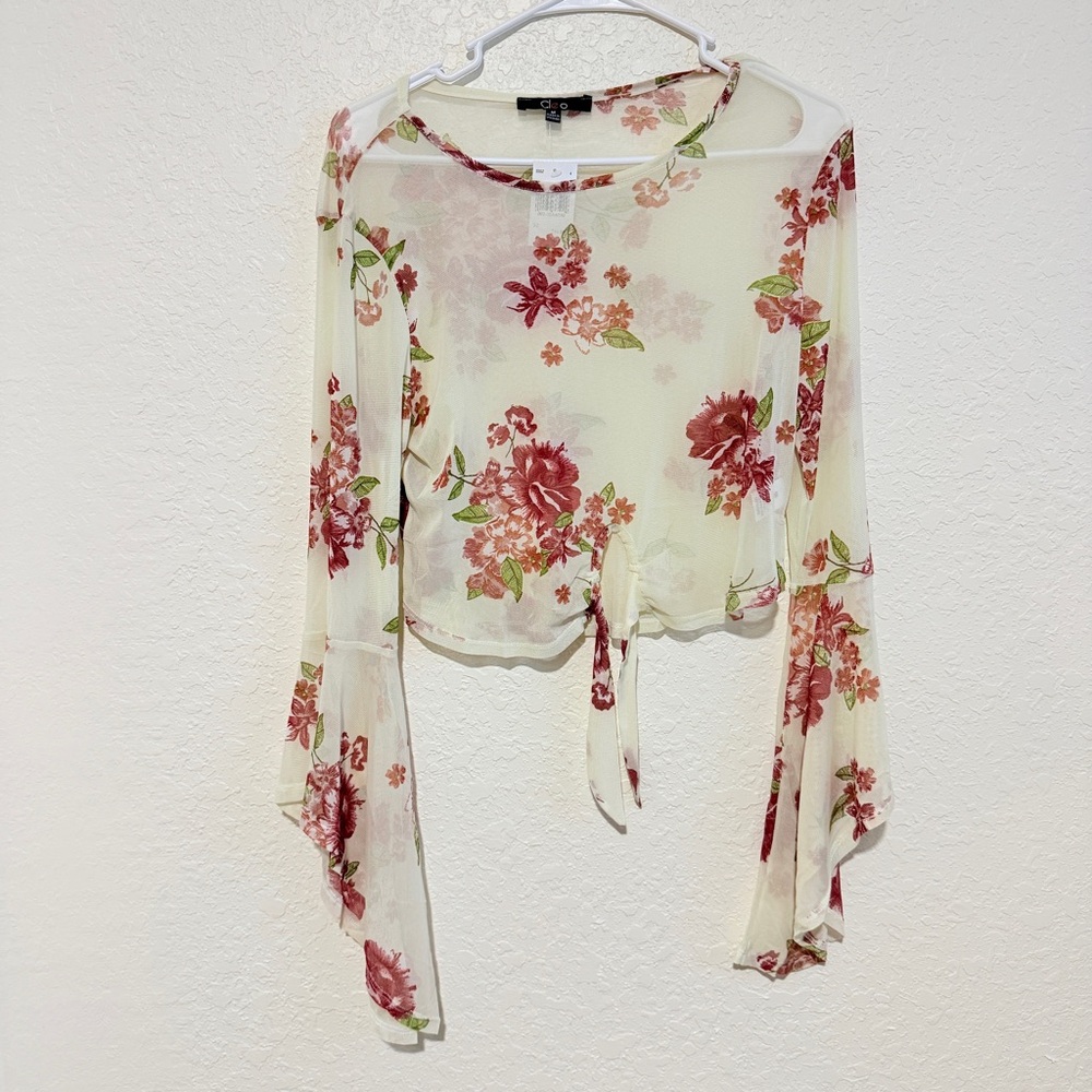 Sheer Floral Front Tie Blouse | Flowy Bell Sleeves | Boho Romantic Top NWT